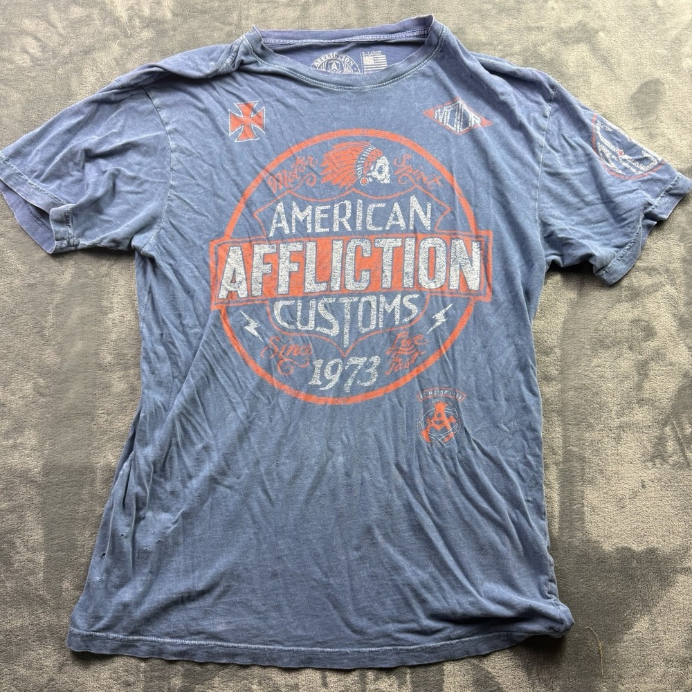 Affliction American Customs Big Logo Spellout Blue Biker Motorcycle Shirt XL